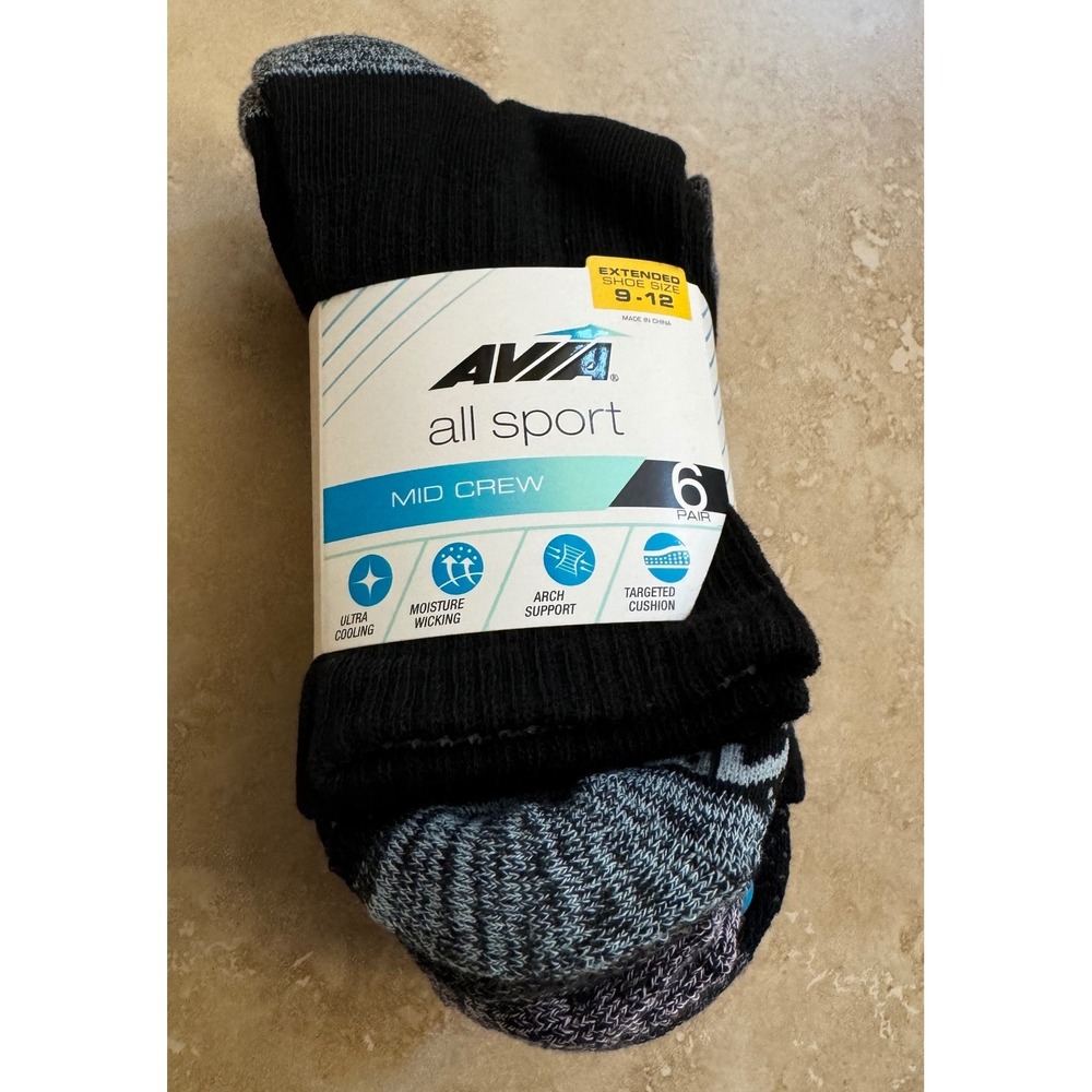 Avia Socks Women 9-12 Black Mid Crew 6 Pair All Sport Athletic NEW